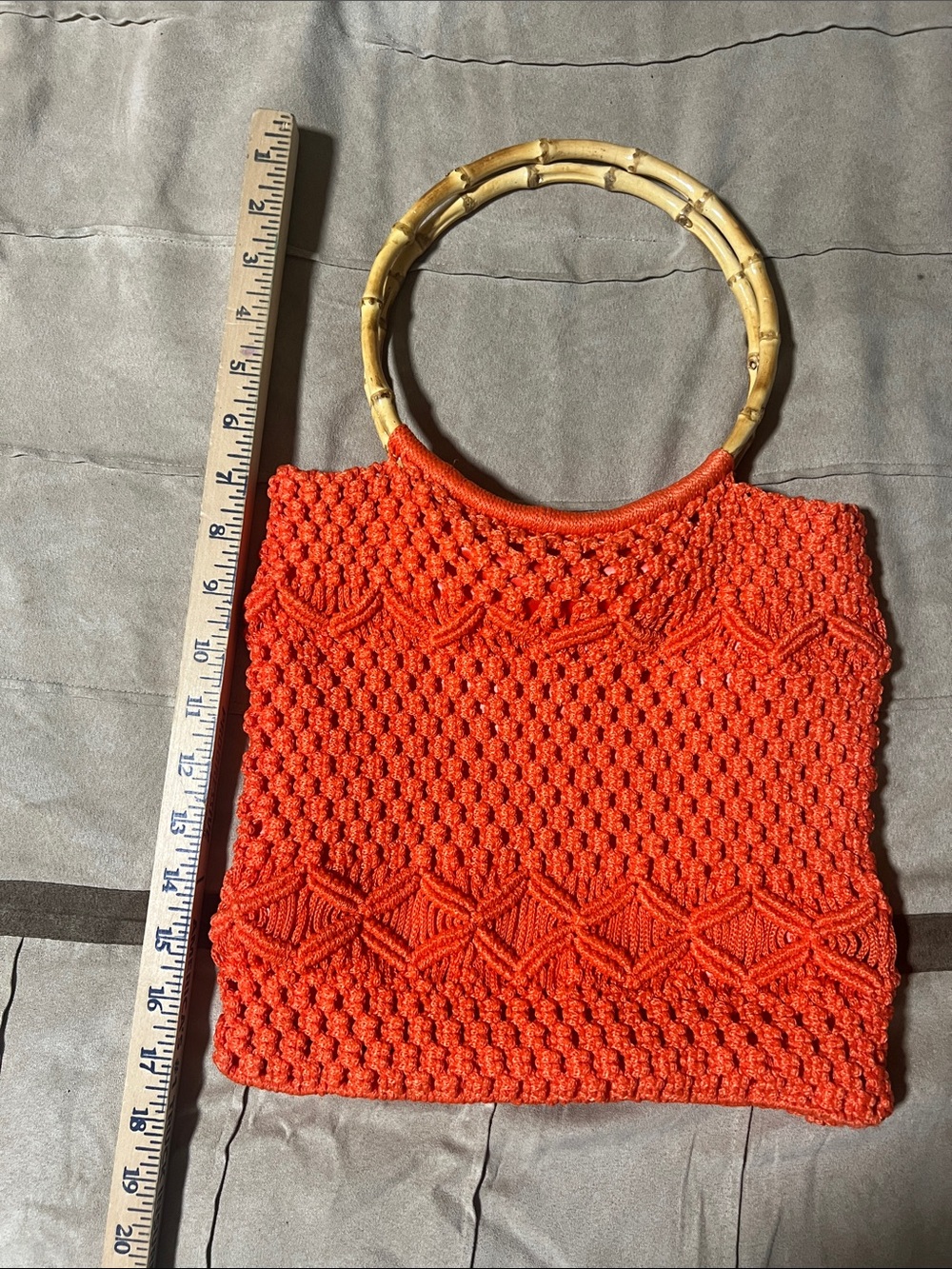 Handcrafted Orange/coral macramé Tote with Bamboo Handles